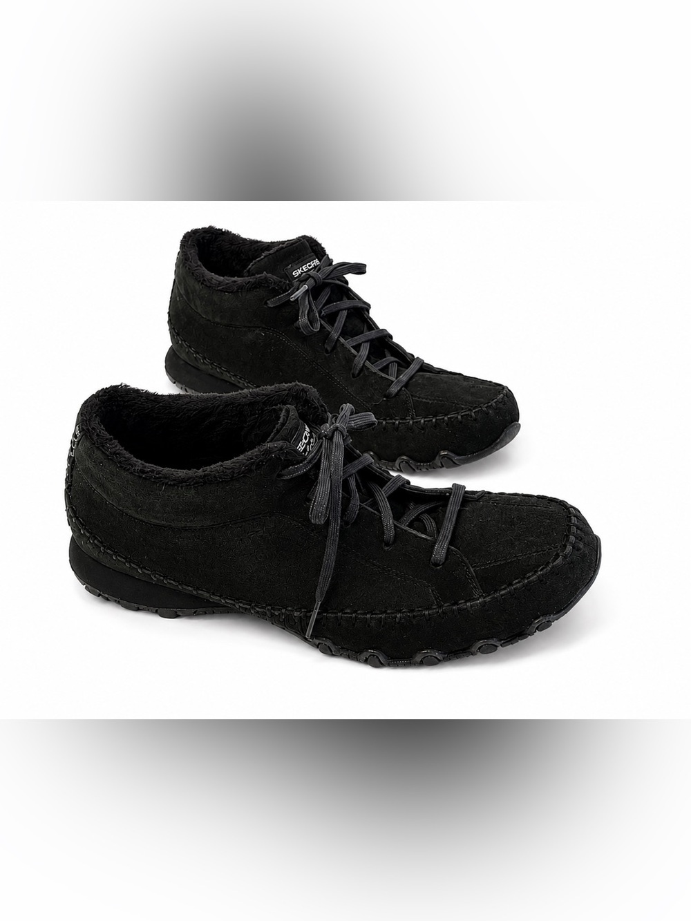 Skechers W 9  Black Suede Faux Fur Lined Lace Up Ankle Shoes Moccasin Comfort